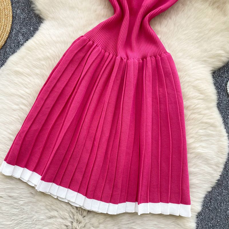 Abito in maglia di alta gamma per donna, estivo, retrò, con vita snella, cuciture a contrasto, gonna a pieghe_voghion.com