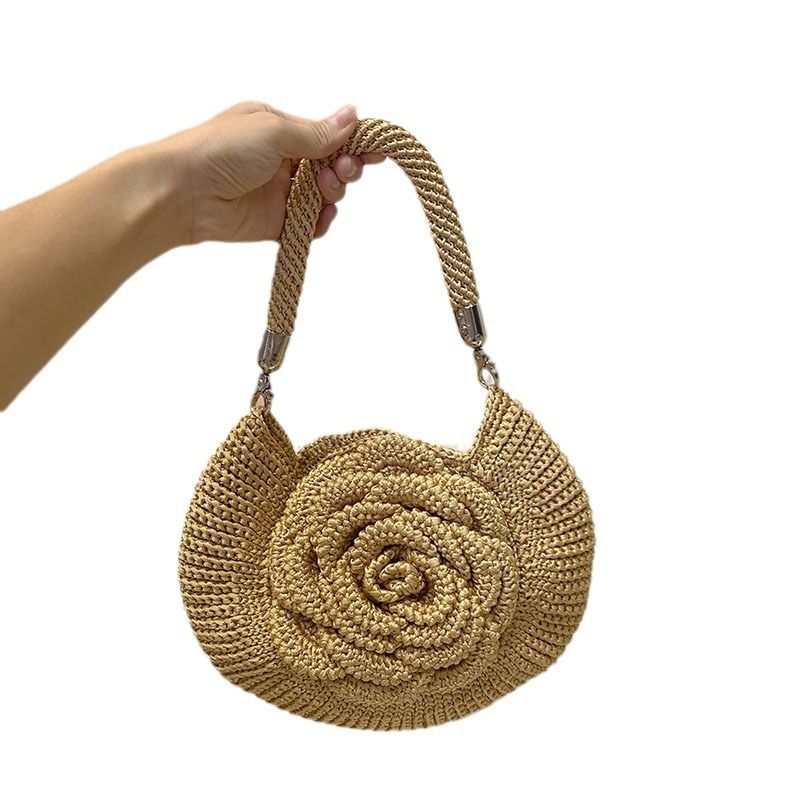 Bolso de mano estilo picnic pastoral floral tejido a mano, de moda, con diseño de nicho, informal, sencillo, con monedero y pintalabios._voghion.com