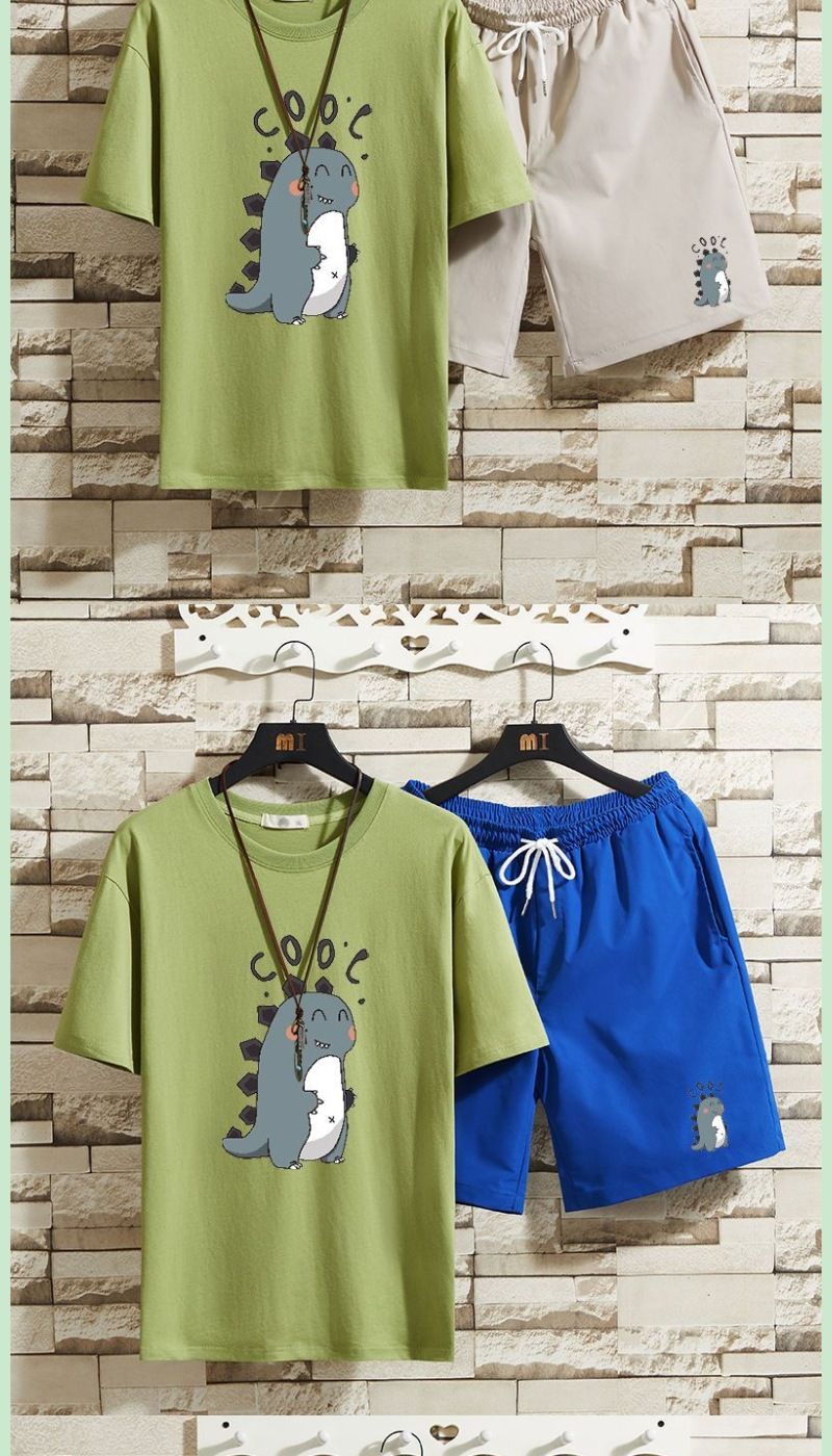 Men's Summer Hip Hop T-shirt cu mânecă scurtă cu dinozaur, pantaloni scurți largi, cu mânecă scurtă, set de două piese, 12_voghion.com
