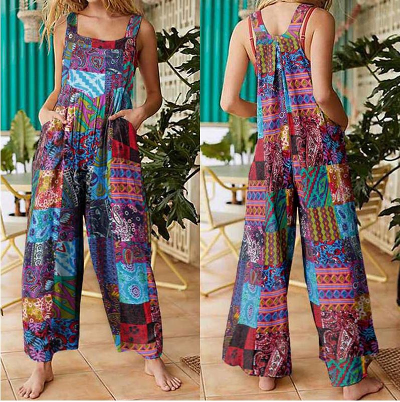 Dameklær Vår Damemote Etnisk stil Lappemønstret trykk Knapper Jumpsuit Overalls Bukser_voghion.com