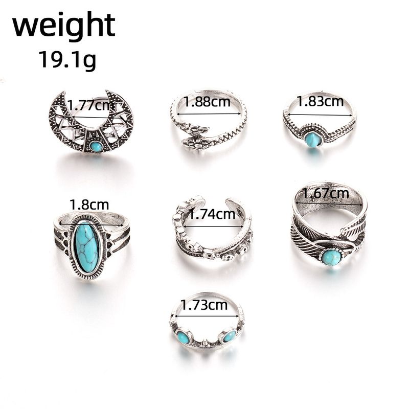 New Bohemian Turquoise Moon Feather Snake Set Of 7 Rings_voghion.com