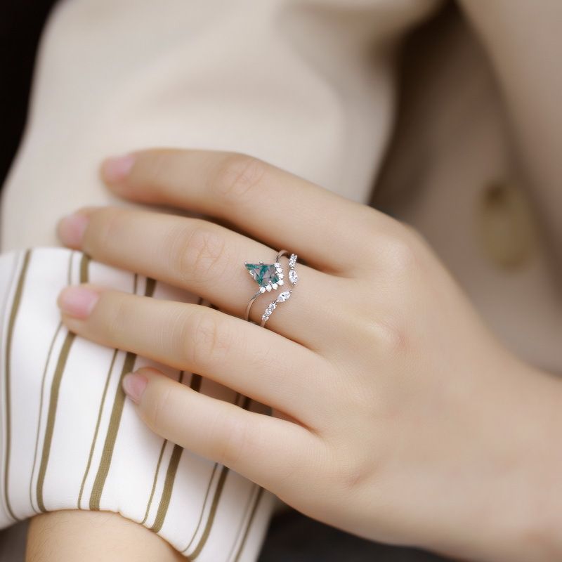 Fashion Light Luxury Pure Silver Stackable Kite Ring - Natural Water Grass Agate Inlay For Elegant Statement Style_voghion.com