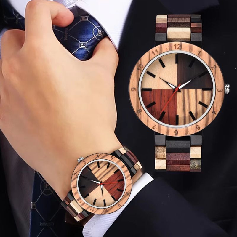 Heißer Verkauf Unisex Leuchtende Kreative Vier-Farben-Nähte Mode Quarz Holz Uhr_voghion.com