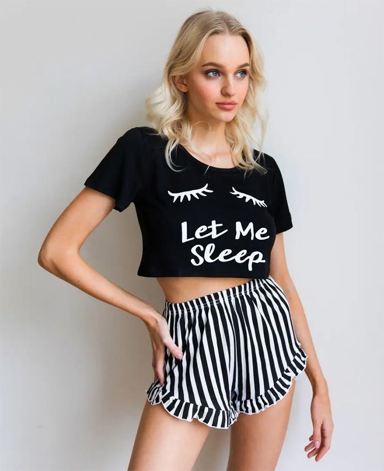 Tie Button Printed Wear Casual Simple Home Sexy Short Sleeve Shorts Thin Pajamas Women's Set Resistant Wrinkle Attire_voghion.com
