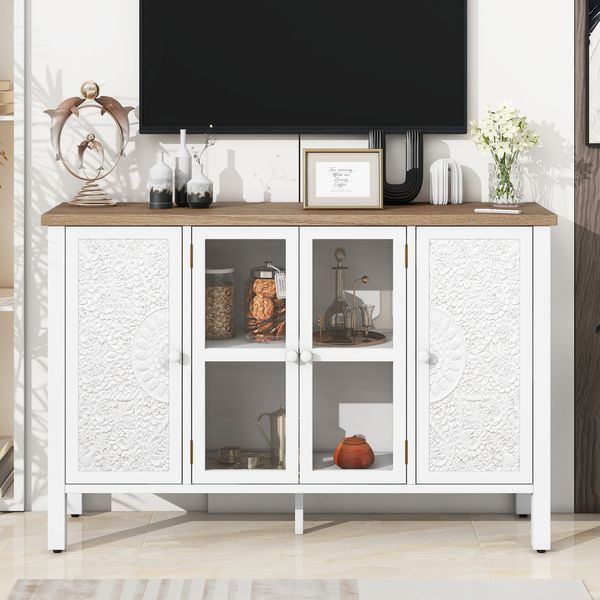 U-Can 47.2'' Retro TV Stand For TVs Up To 43 Inches, Entertainment Center Media Console Cabinet With 3 Spacious Cabinets, Glass Cabinet Doors And An_voghion.com