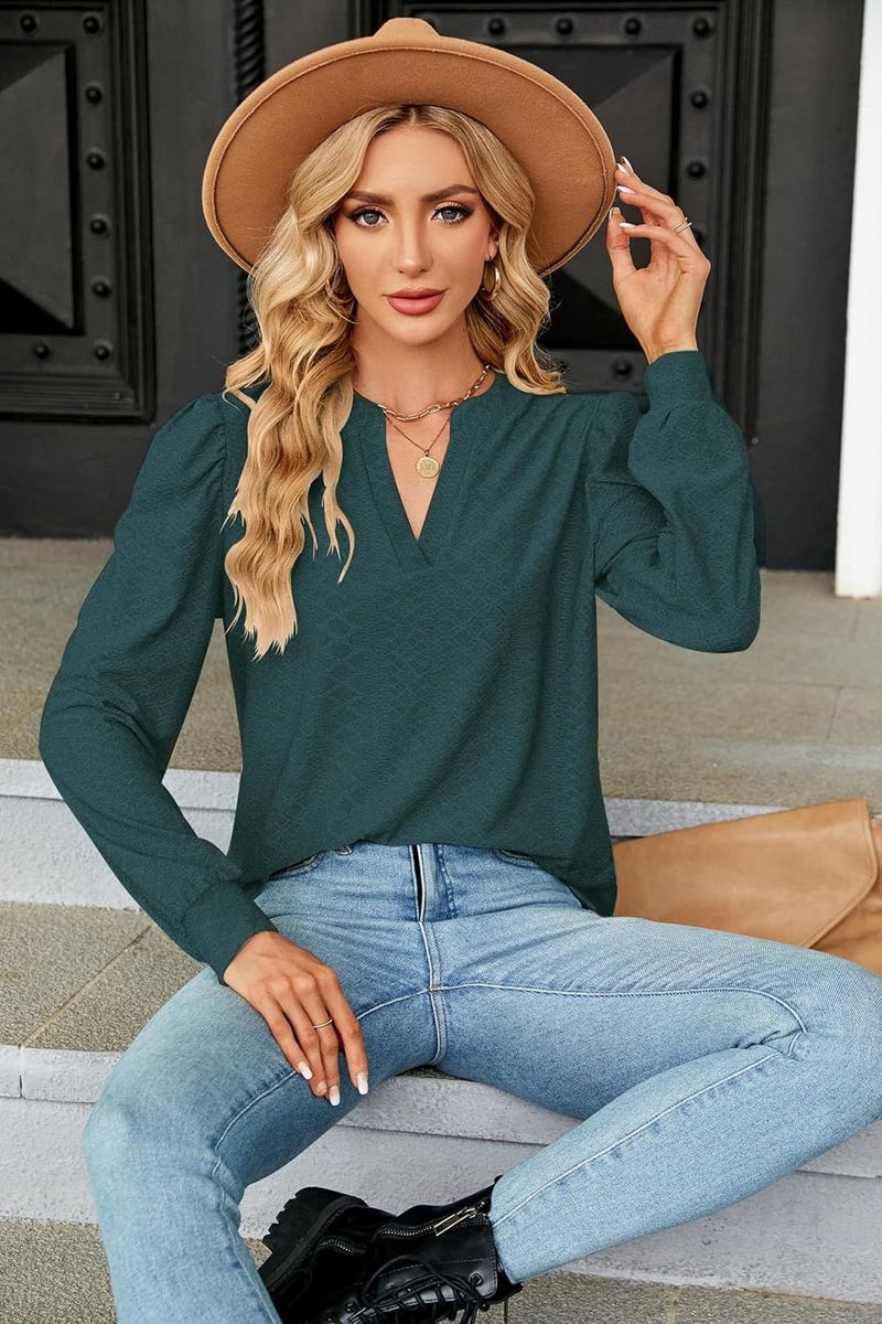 Women's Top, Shirt, Casual Shirt, Bubble Long Sleeved Waistband, V-neck_voghion.com