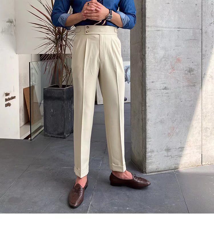 Herrenbekleidung Einfarbige Neun-Punkt-Hose mit hoher Taille Temperament Lässige Business-Hose mit italienischen Pariser Knöpfen Herrentrend_voghion.com