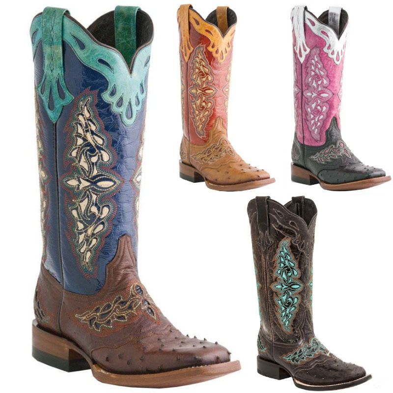Herfst en winter nieuwe leren laarzen vierkante kop dikke hak kleur patroon ridderlaarzen_voghion.com