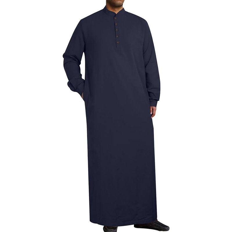 Men's Clothing Simple Cotton And Linen Long Men's Stand Collar Button Muslim Robe With Pockets_voghion.com