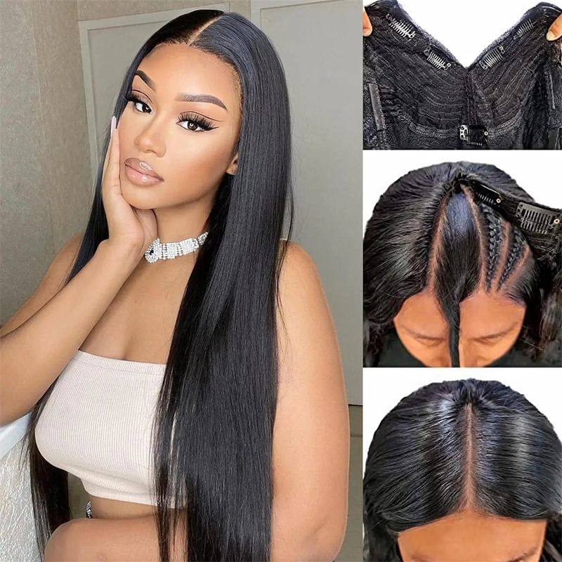 30 32 Inch Bone Straight Glueless Wear and Go Wig 180% Cheap V Part 100% Human Hair Wigs for Women On Sale_voghion.com