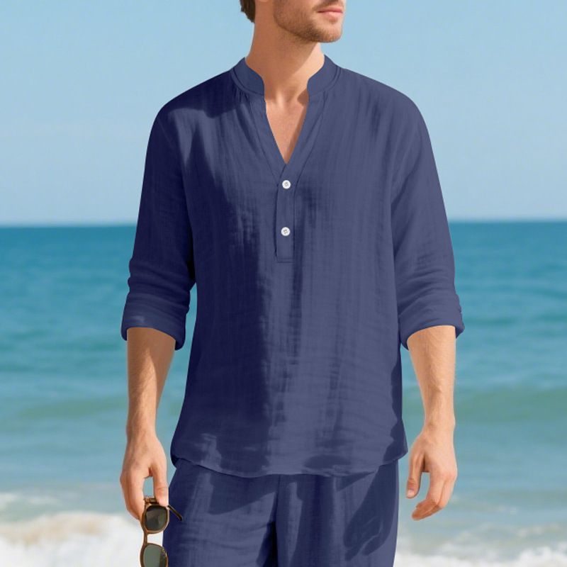 Leinenhemd für Herren – Atmungsaktives Langarm-Henley-T-Shirt, entspannte Passform, lässiger Button-Up mit Stehkragen (Weiß, Marineblau, Schwarz,_voghion.com