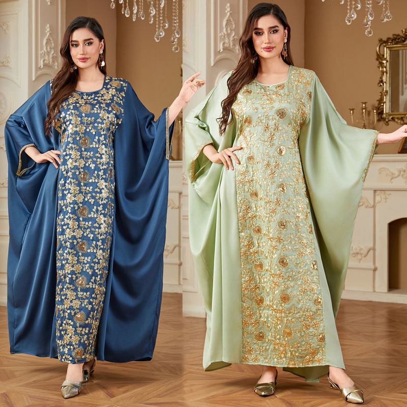 Women's Clothing Fashion Sequins Heavy Embroidery Dress Bat Sleeve Waist Loose Robe_voghion.com