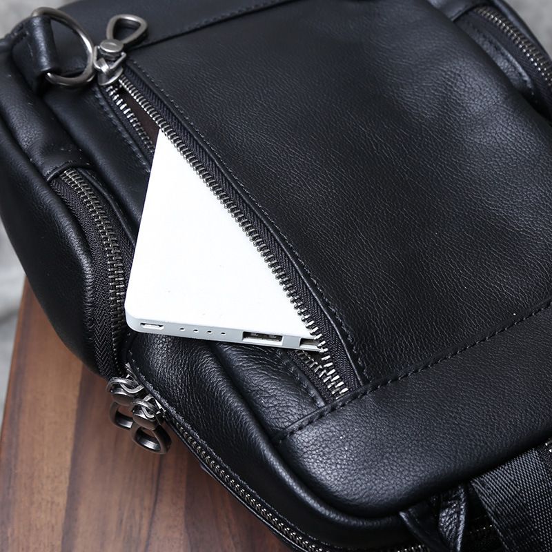 Black men's backpack, new casual leather small backpack, top layer cowhide chest bag, multifunctional travel crossbody bag_voghion.com