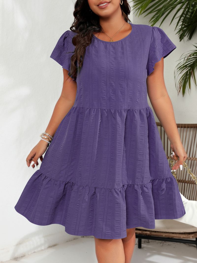 Women's Clothing Large Size Round Neck Lotus Leaf Sleeve Waist Holiday Leisure Temperament Dress_voghion.com