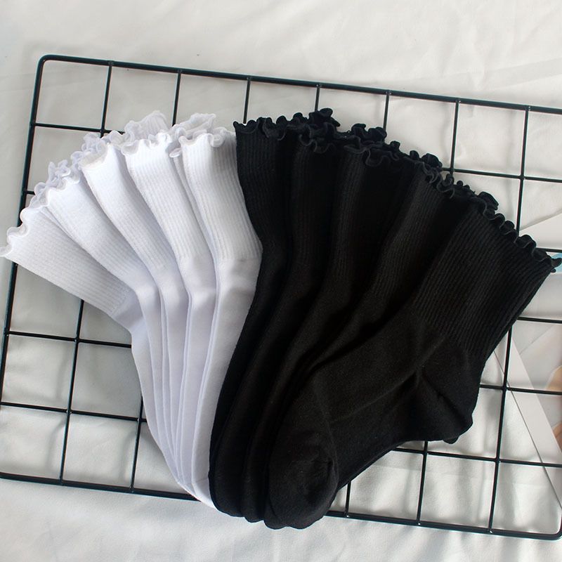 Calzini da donna Calzini alla caviglia plissettati da donna Calzini autunnali invernali in cotone con pizzo alle orecchie in legno Calzini a tubo medio da donna in tinta unita_voghion.com