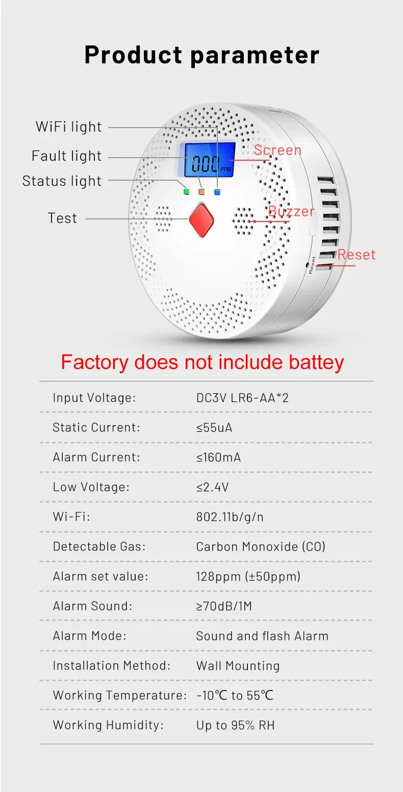 Détecteur de monoxyde de carbone Tuya Wifi avec écran LCD 70 dB Alarme sonore Capteur de gaz CO Équipement de protection de sécurité à domicile_voghion.com