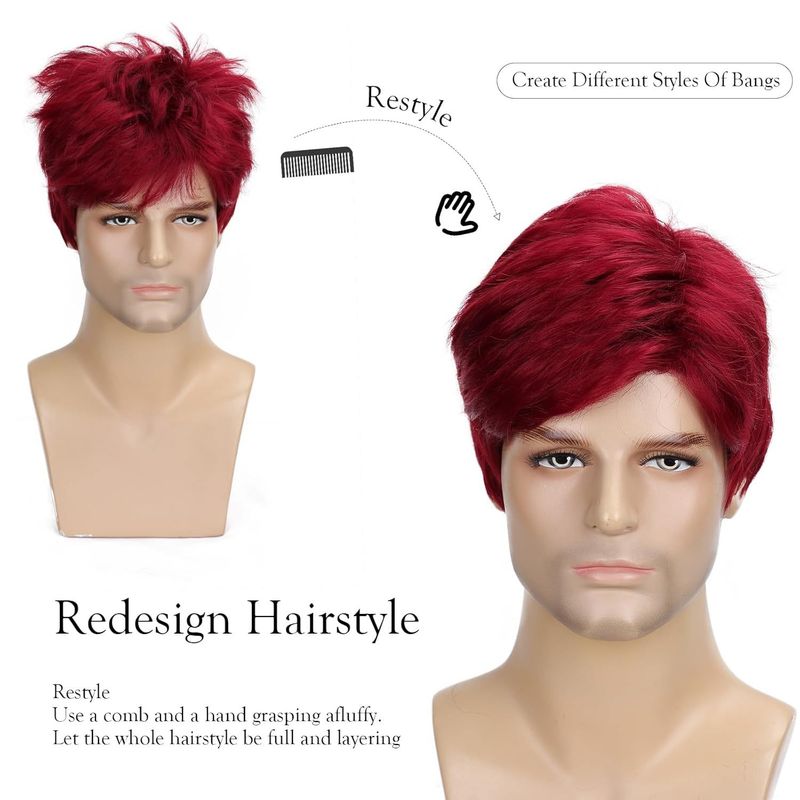 Synthetic Clip-in New Wig Men's Fashionable Chemical Fiber Short Wig Red Side Parted Short Straight Hair_voghion.com