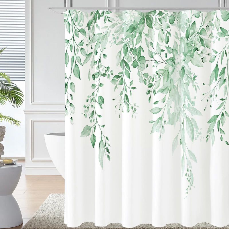 Cross-border Source Digital Printing Single Layer Blue Eucalyptus Waterproof Shower Curtain Set 72x72inch_voghion.com