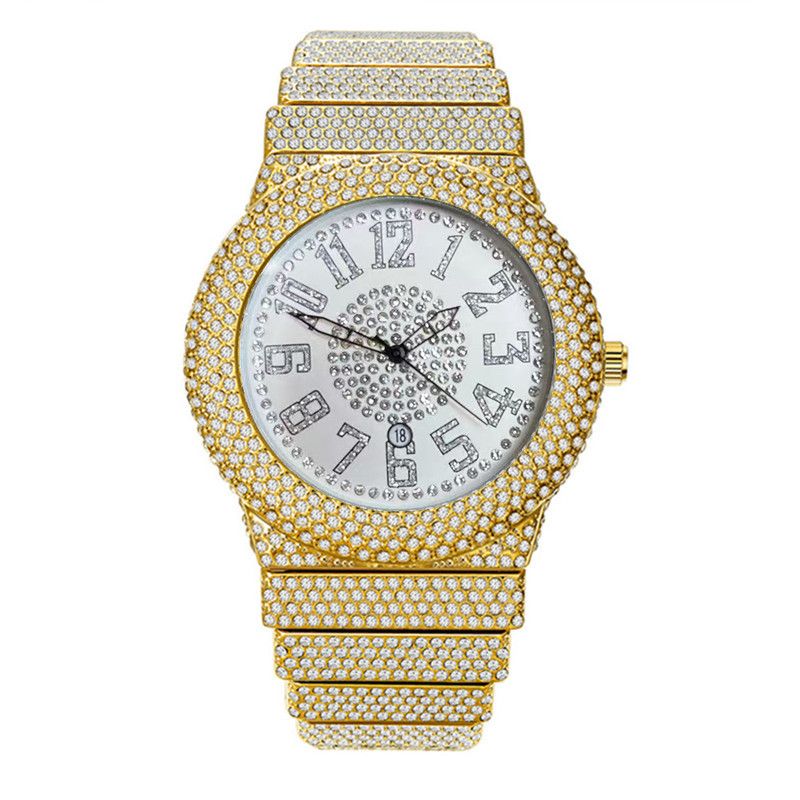 Luxuriöse Hip-Hop-Herrenuhr mit Diamantakzenten und Gold-Finish – Datumsanzeige, Quarzwerk, modisches Statement, Hip-Hop-Diamant, Luxus, goldenes Datum_voghion.com