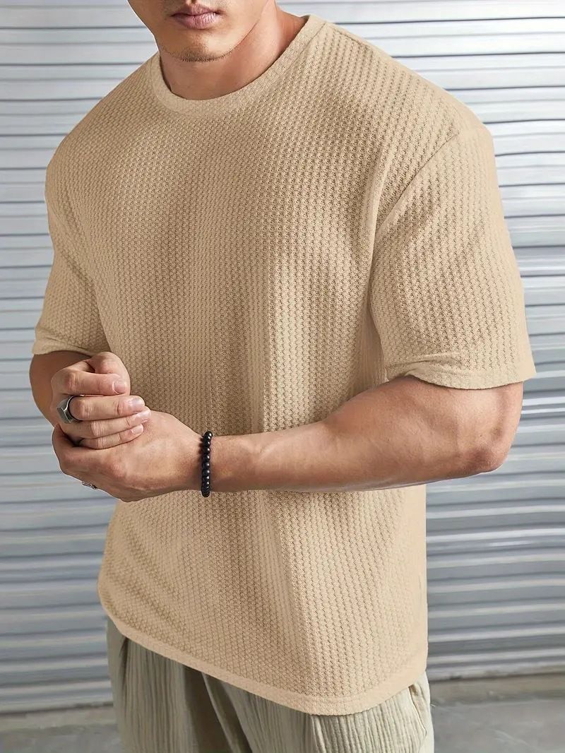 Maglietta da uomo a maniche corte in maglia a girocollo in jacquard tinta unita modello Xiyi Cross Border_voghion.com