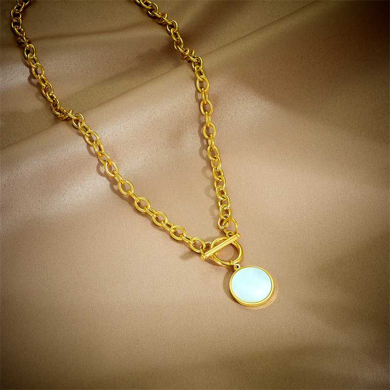 European and American cross-border fashion simple niche retro round card OT buckle titanium steel chain necklace_voghion.com