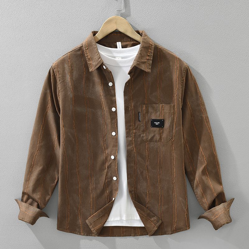 Camicia a maniche lunghe a righe retrò per uomo, alla moda e versatile, top ampio e casual._voghion.com
