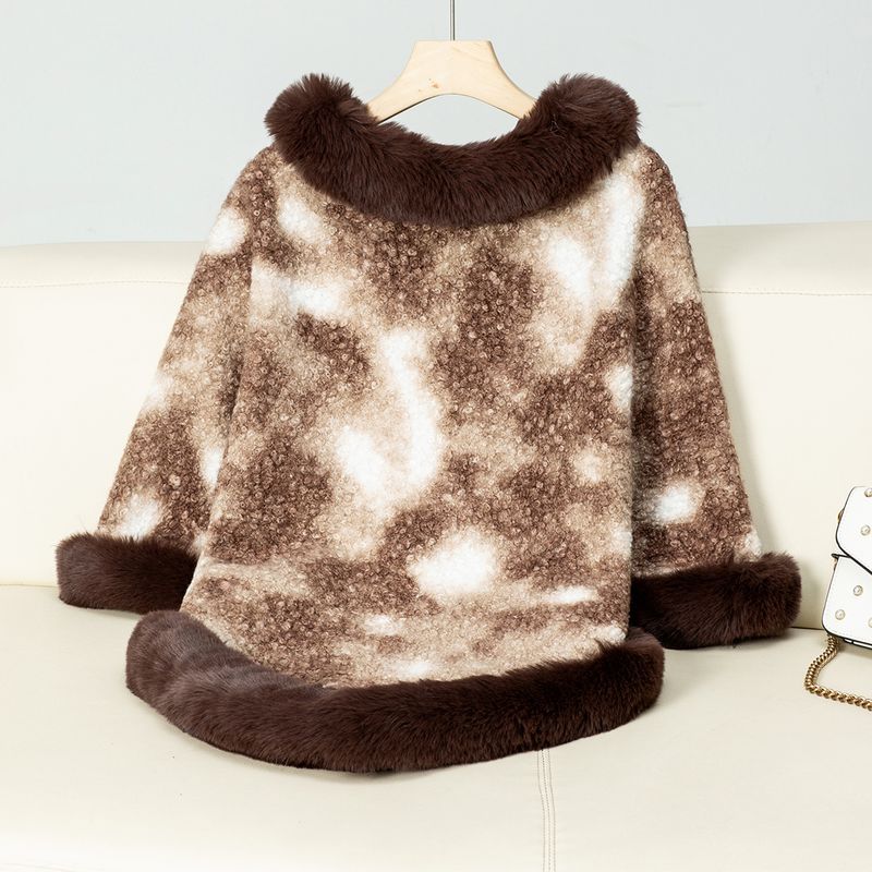 Women's Clothing fur collar pullover contrast color leopard print knitted cape women autumn and winter retro loose sweater shawl_voghion.com