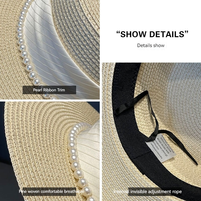 French socialite style flat top children 2024 new elegant pearl grass woven seaside sun protection and sunshade hat for_voghion.com