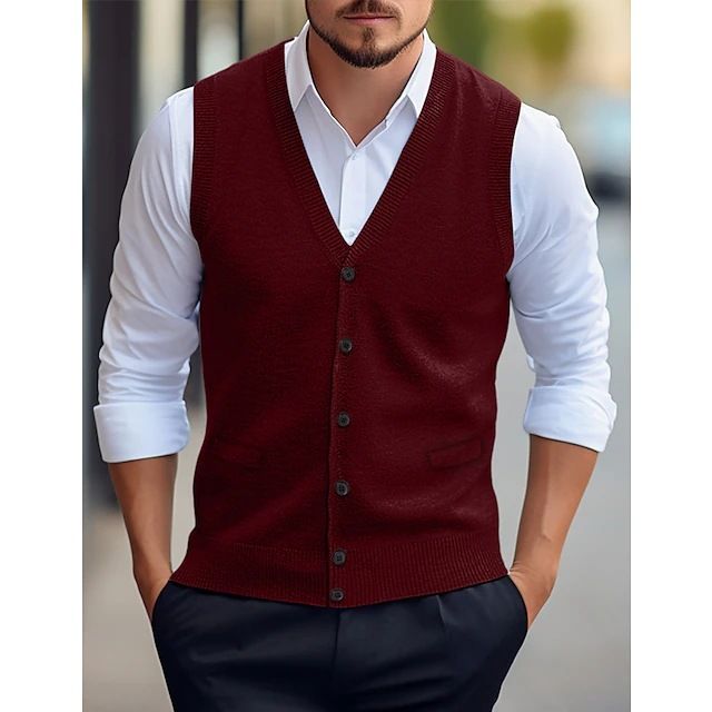 Herrenweste im Slim Fit aus Wollmischung, lässige ärmellose Strickjacke für alle Jahreszeiten, zweireihige Weste mit V-Ausschnitt in Unifarben_voghion.com