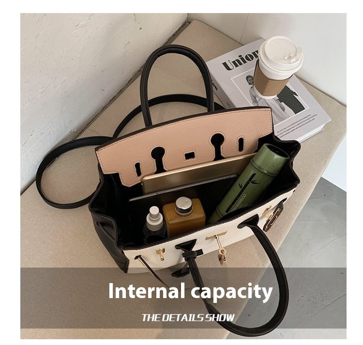 Large Capacity Platinum Bag, Retro And Fashionable Handbag, Women's New Lychee Pattern Contrasting Color Single Shoulder Crossbody Bag_voghion.com