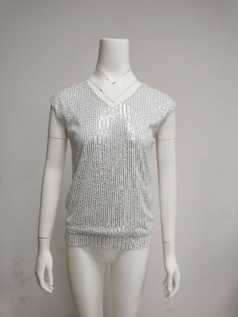 Canotta con scollo a V e maniche a pipistrello, con perline e glitter, nuova moda estiva 2025 da donna_voghion.com
