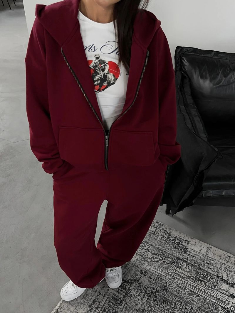 Abbigliamento da donna Urban Streetwear Felpa con cappuccio e pantaloni jogger Set per donna - Completo casual a due pezzi con maniche lunghe in grigio chiaro, rosso vino_voghion.com