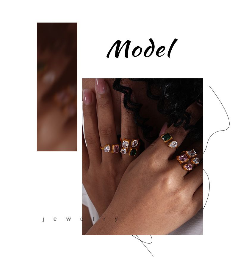 Geometrische Zirkon-Akzente, leichter, luxuriöser, stapelbarer Schmuck für den Alltag, hypoallergener, verstellbarer offener Ring aus Titanstahl für Frauen,_voghion.com