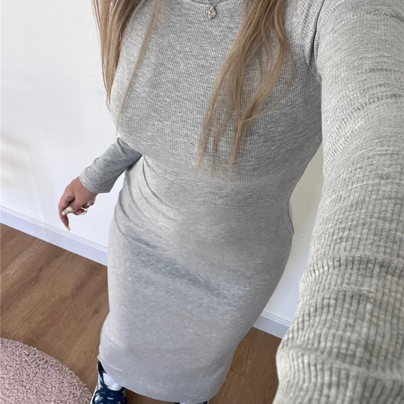 Plus Size 150kg Mins Style Spicy Girl Simple Versatile Tight-Fitting Body-Shaping Long Sleeve Bodycon Dress Autumn_voghion.com