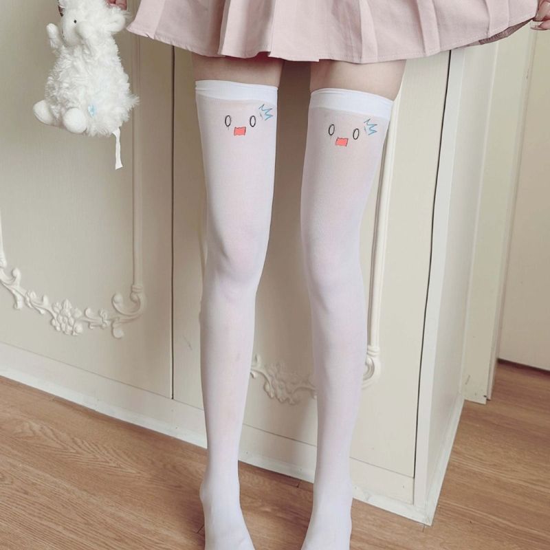 Bedruckte dünne Frühlings- und Herbst-Lolita-süße Anime-Overknee-Strümpfe aus weißem Samt für Damen_voghion.com