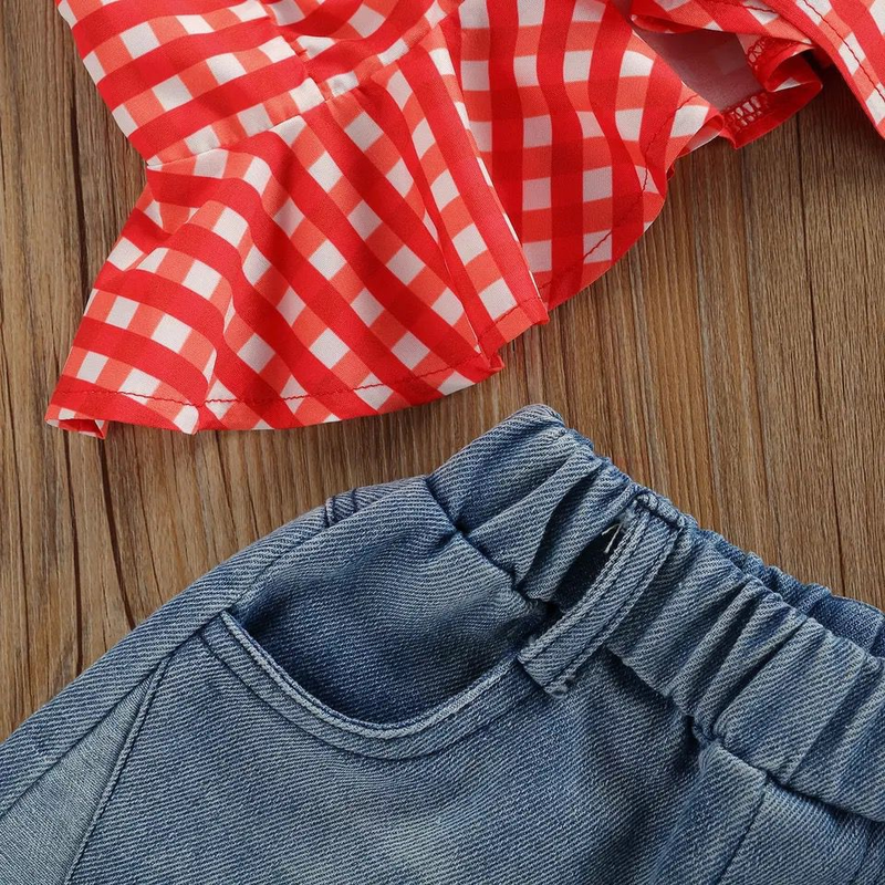 Mātes un bērnu modes meiteņu uzvalks, rūtains, volānveida veste + džinsa šortu uzvalks_voghion.com
