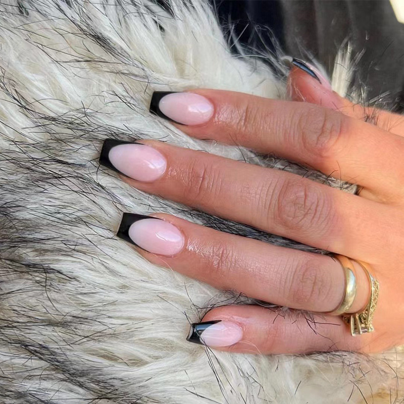 Faux ongles à tête carrée, 24 pièces, avec feuille d'or, mi-longs, cercueil français, couverture complète_voghion.com