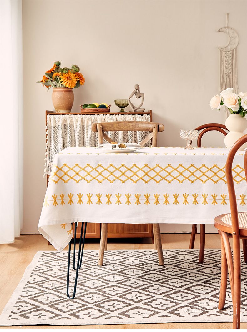 Tablecloth Yellow - Polycotton Embroidered With Cross/Arrow, Heat-Resistant & Wrinkle-Free, For Dining Table, Coffee Table Or Dorm Decor_voghion.com