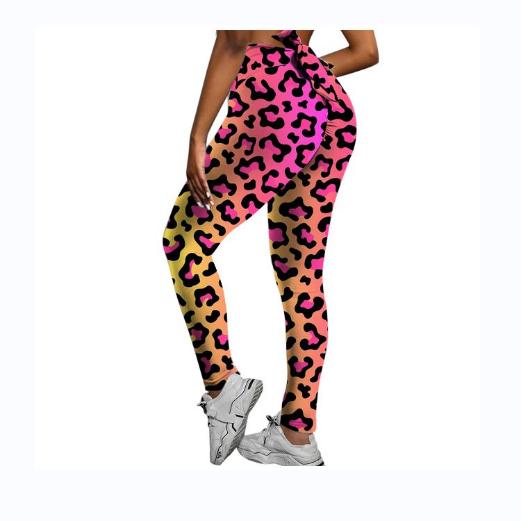 Pantaloni da yoga da yoga da donna con stampa multicolore antirughe sull'anca, dimagranti a vita alta, con fiocco elasticizzato_voghion.com