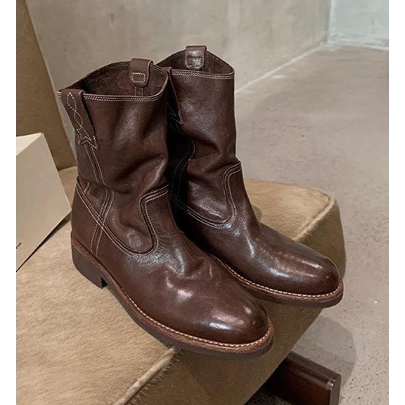 Genuine Leather Round-Toe Chunky Heel 2025 Fall/Winter New Women's Martin Boot_voghion.com