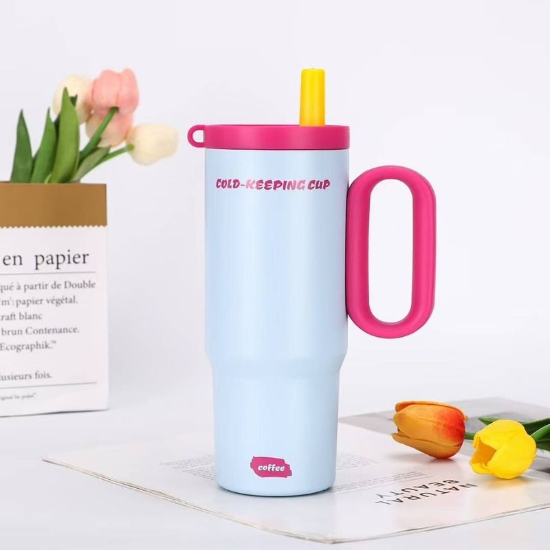 Becher mit Griffdeckel Stroh Edelstahl Wasserflasche Vakuum Thermosbecher Reise Auto Kaffeebecher 750ml_voghion.com