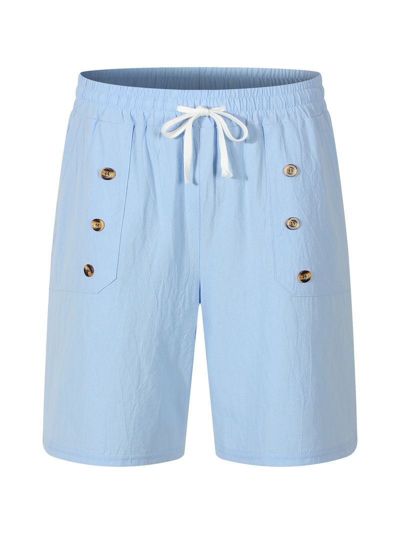 Pantaloncini estivi da uomo in cotone e lino, casual americani, larghi e dritti, con bottoni_voghion.com