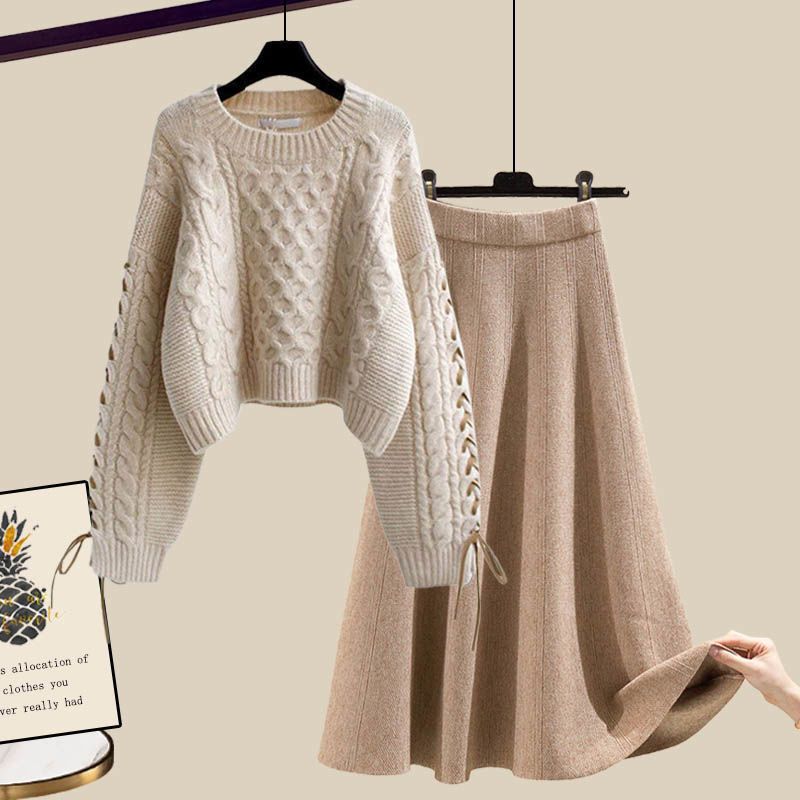 Ropa de mujer, nuevo estilo, suéteres holgados que reducen la edad, cintura alta, falda de largo medio, traje de dos piezas_voghion.com