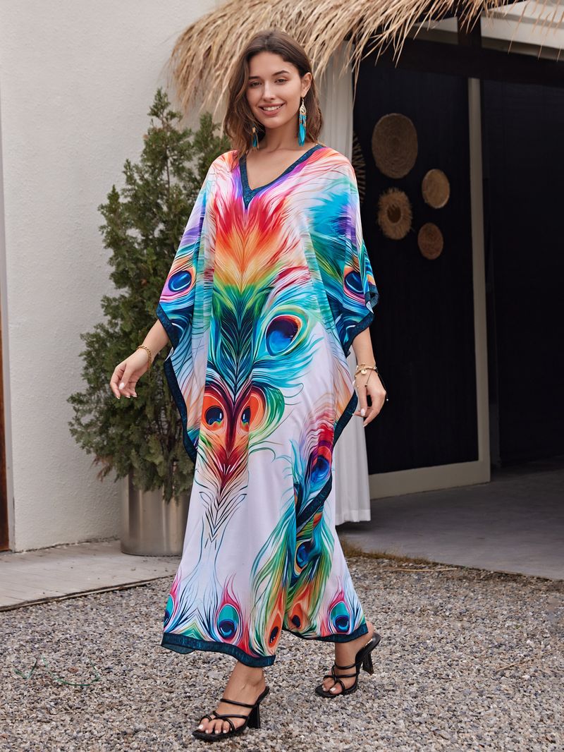 Sukienka maxi z nadrukiem w stylu boho, damska, narzutka z wiskozy – zwiewna tunika plażowa z etnicznymi wzorami, luźny krój w dużych rozmiarach, narzutka na bikini, strój na wakacje_voghion.com