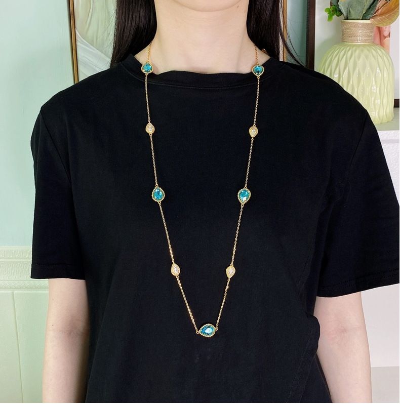 Kadın Takı Boncuklu Kenar Tam Elmas Pençe İşlemeli Yüzlü Yapay Kristal Kolye Yaratıcı Tasarım Moda Uzun Kazak Zinciri Zarif Kolye_voghion.com