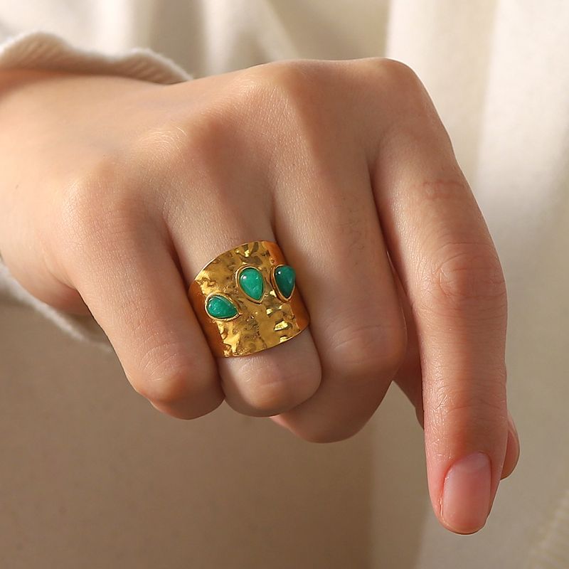 Instagram French niche design titanium with three irregular green natural stones exaggerated ring, stainless steel ring_voghion.com
