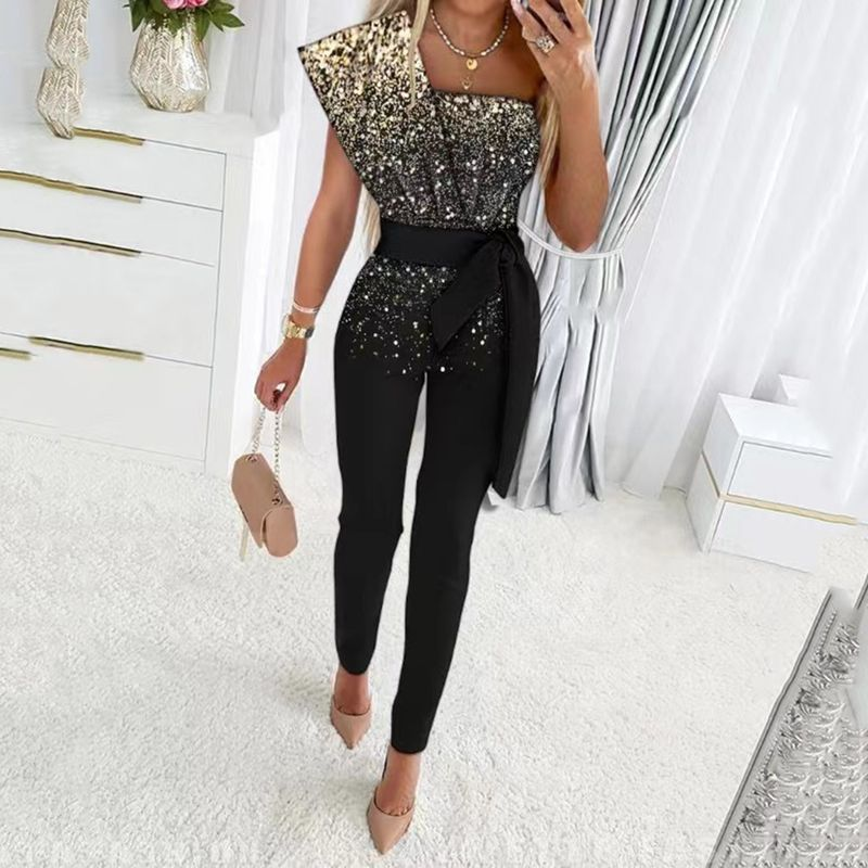 Damnyhet i enfärgad ärmlös bälte dekorerad jumpsuit slim fit skarvning paljetter dambyxor_voghion.com