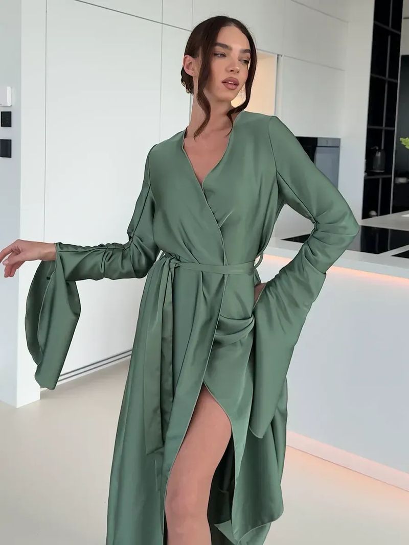Accappatoio drappeggiato comodo in raso di seta Fx autunno inverno con lacci, alla moda, design francese con arricciature e maniche, abbigliamento per la casa_voghion.com