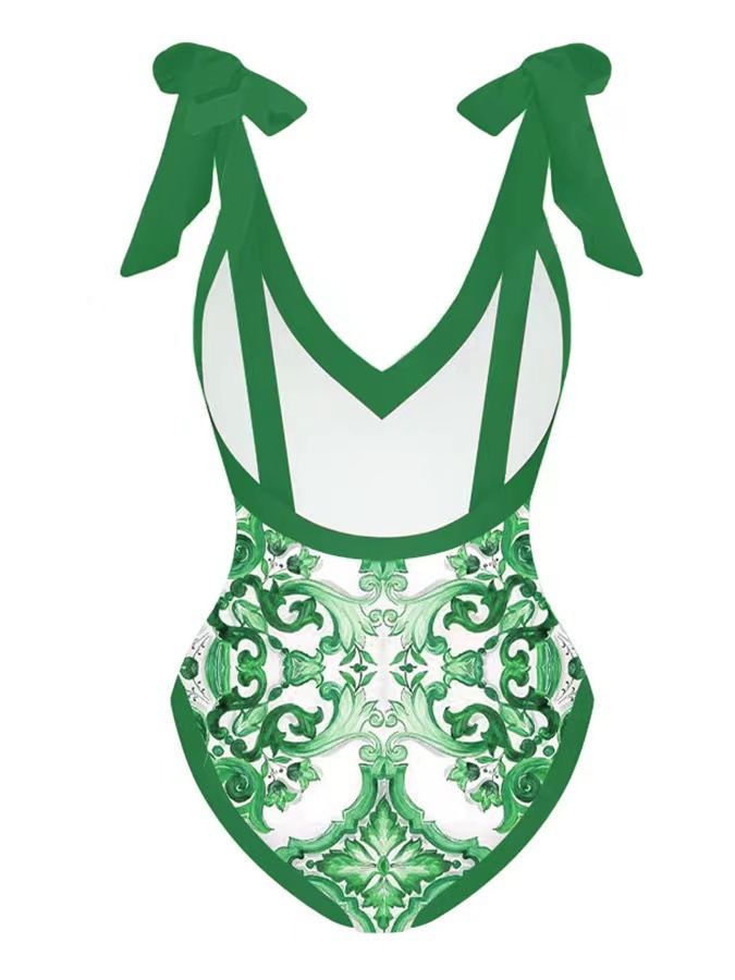 Damen Einteiliger Badeanzug mit Retro-Print, für heiße Quellen, Urlaub, Strandkleid, Bikini-Set_voghion.com