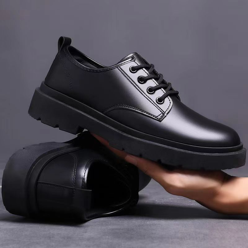 Spring And Autumn Low-top Lace-up Black British Style Work Thick-soled Men's Casual Leather Shoes_voghion.com